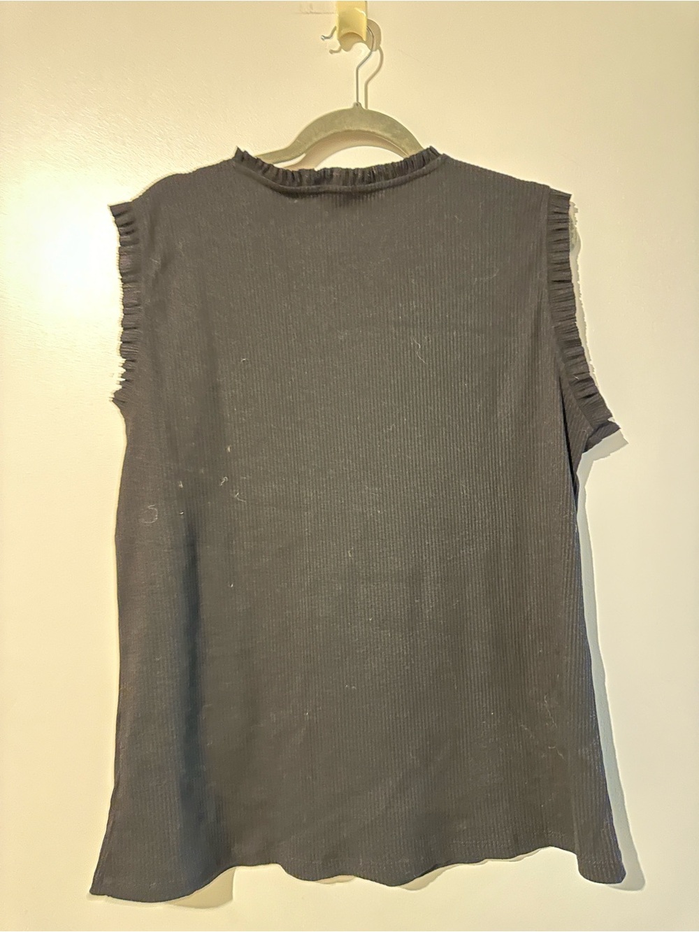 Sleeveless Ribbed Top with Ruffle Trim — Black - Picture 3 of 3